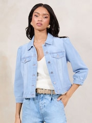 Lipsy Bleach Wash Collarled Bracelet Sleeve Denim Jacket - Image 1 of 4