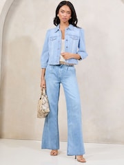Lipsy Bleach Wash Collarled Bracelet Sleeve Denim Jacket - Image 2 of 4
