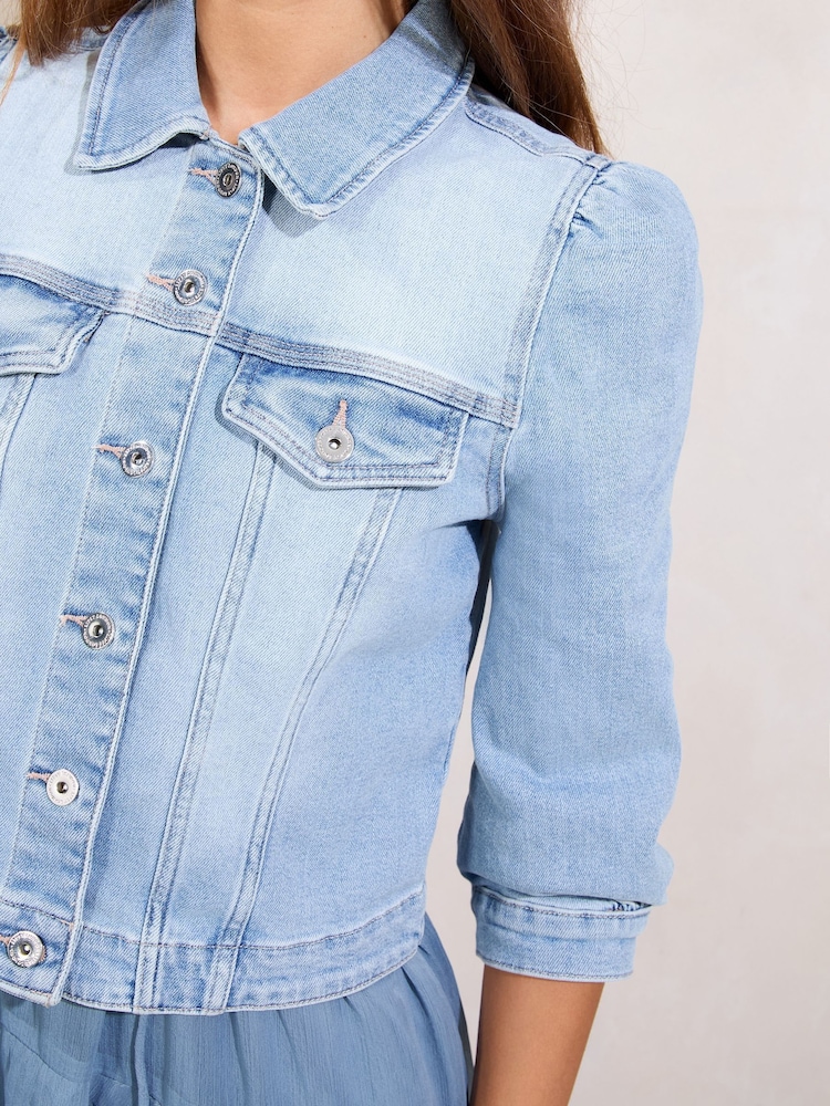 Lipsy Bleach Wash Collarled Bracelet Sleeve Denim Jacket - Image 3 of 5