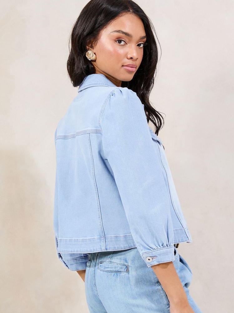 Lipsy Bleach Wash Collarled Bracelet Sleeve Denim Jacket - Image 4 of 4