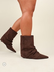 Simmi London Brown Hazel Foldover Ruched Kitten Heel Ankle Boots - Image 1 of 4