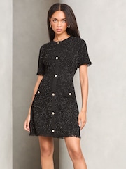 Lipsy Black Boucle A-Line Metallic Sparkly Knitted Dress - Image 1 of 4