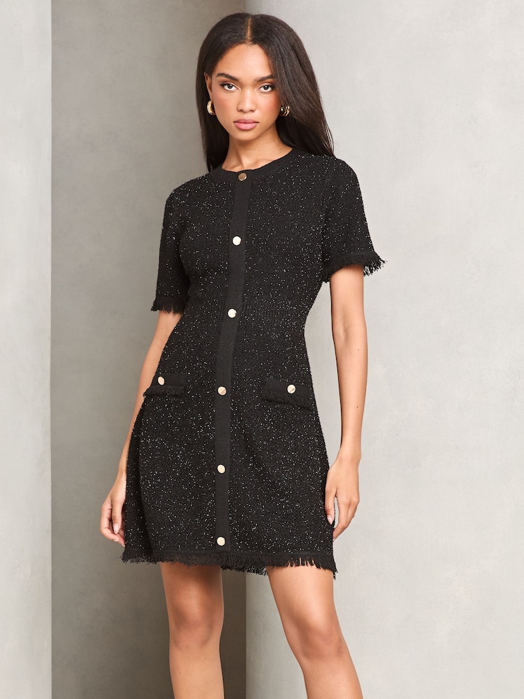 Lipsy Black Boucle A-Line Metallic Sparkly Knitted Dress - Image 1 of 4