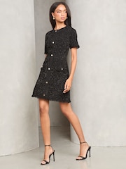 Lipsy Black Boucle A-Line Metallic Sparkly Knitted Dress - Image 2 of 4