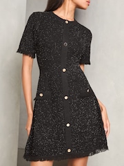 Lipsy Black Boucle A-Line Metallic Sparkly Knitted Dress - Image 3 of 4