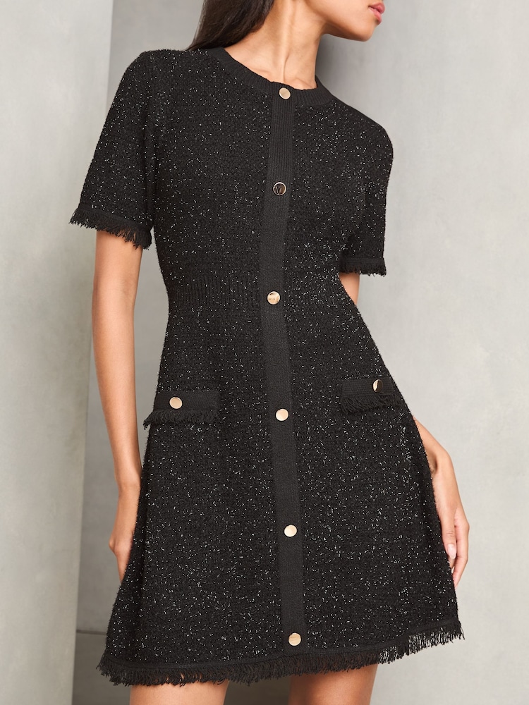 Lipsy Black Boucle A-Line Metallic Sparkly Knitted Dress - Image 3 of 4