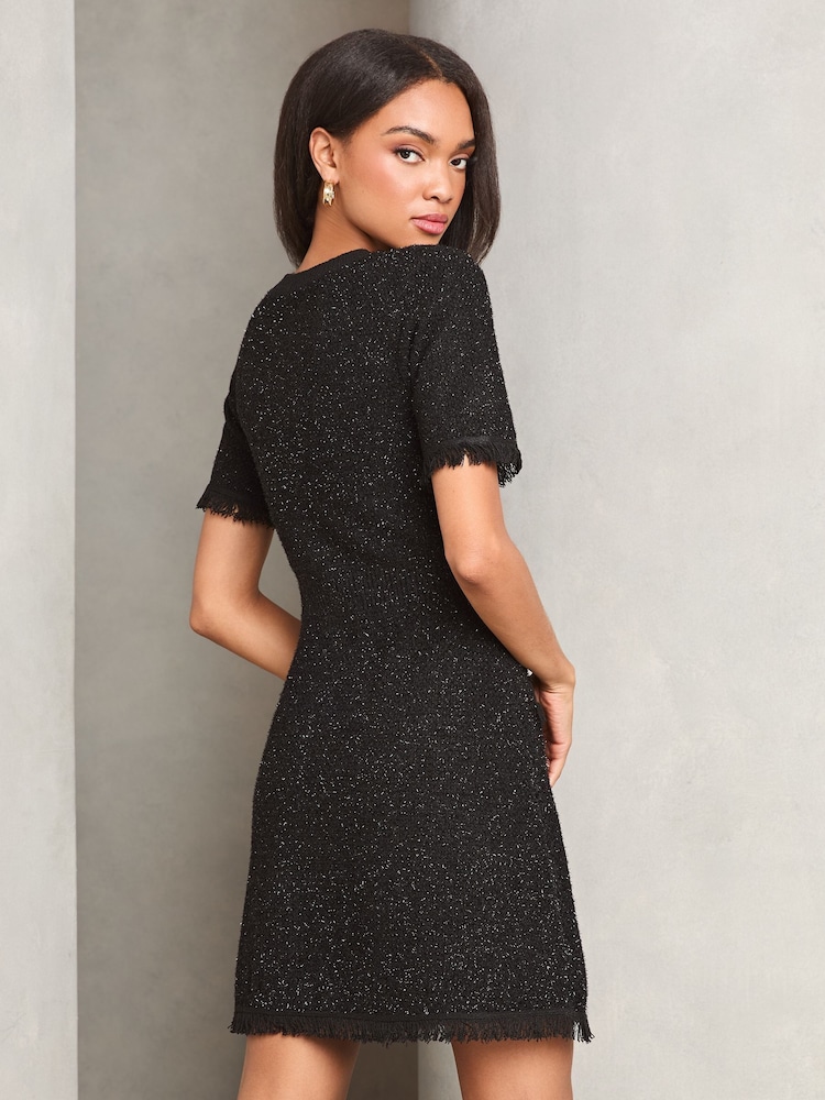 Lipsy Black Boucle A-Line Metallic Sparkly Knitted Dress - Image 4 of 4