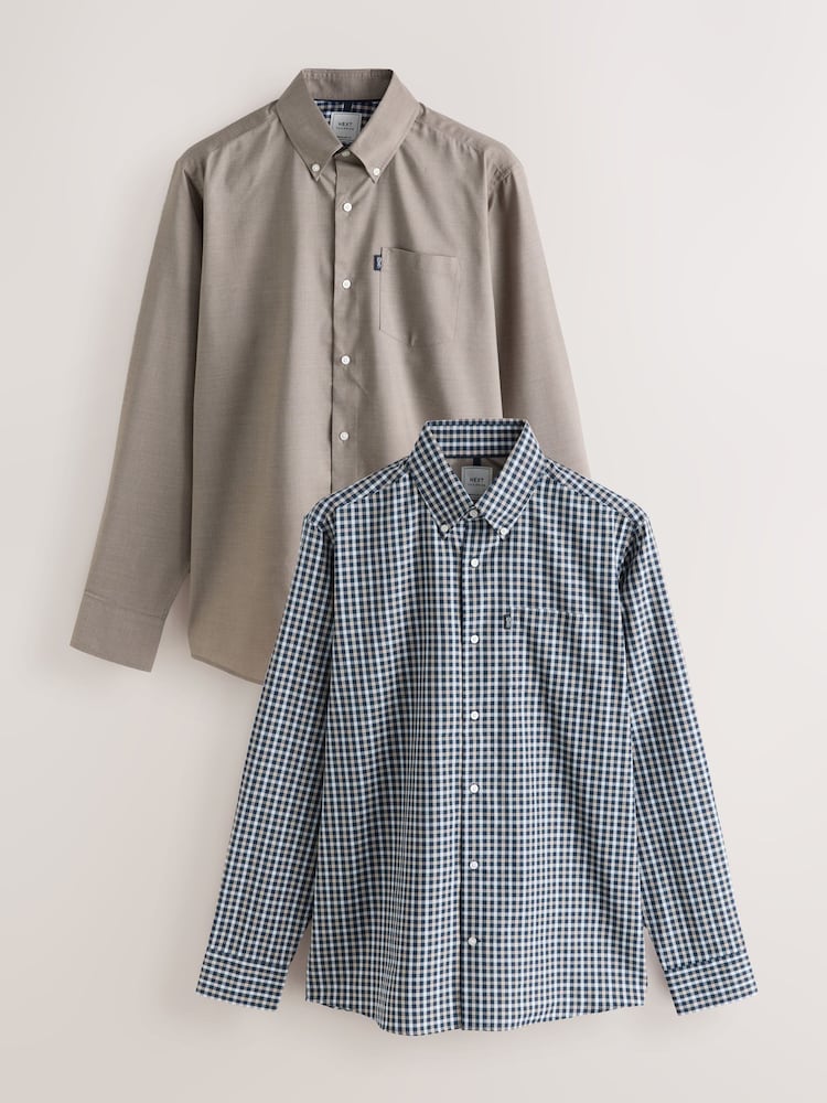 Navy Gingham Regular Fit Easy Iron Oxford Shirts 2 Packs - Image 1 of 3