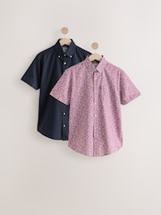 Red Floral/Navy Regular Fit Easy Iron Short Sleeve Oxford Shirts 2 Pack - Image 1 of 5