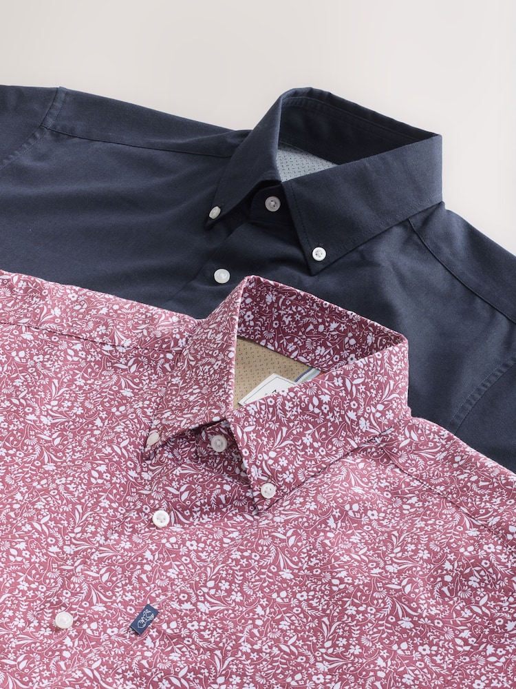 Red Floral/Navy Regular Fit Easy Iron Short Sleeve Oxford Shirts 2 Pack - Image 5 of 5
