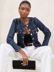 Lipsy Indigo Denim Petite Collarless Jacket With a Touch of Linen - Image 3 of 4
