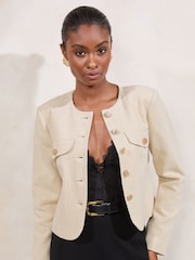 Lipsy Neutral Cream Petite Collarless Jacket With a Touch of Linen - Image 1 of 4