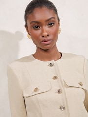 Lipsy Neutral Cream Petite Collarless Jacket With a Touch of Linen - Image 2 of 4