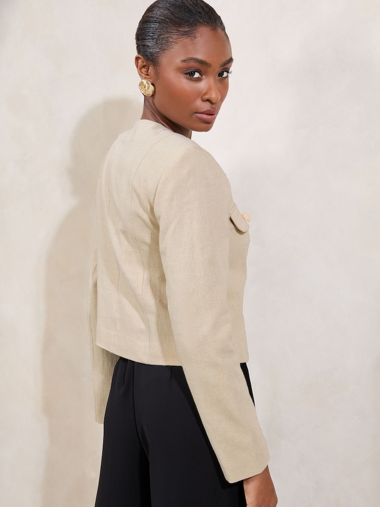 Lipsy Neutral Cream Petite Collarless Jacket With a Touch of Linen - Image 4 of 4