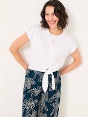 FatFace White Lace Tie Front T Shirt - Image 1 of 10