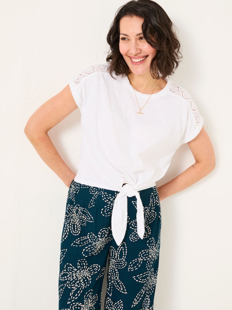 FatFace White Lace Tie Front T Shirt - Image 1 of 10