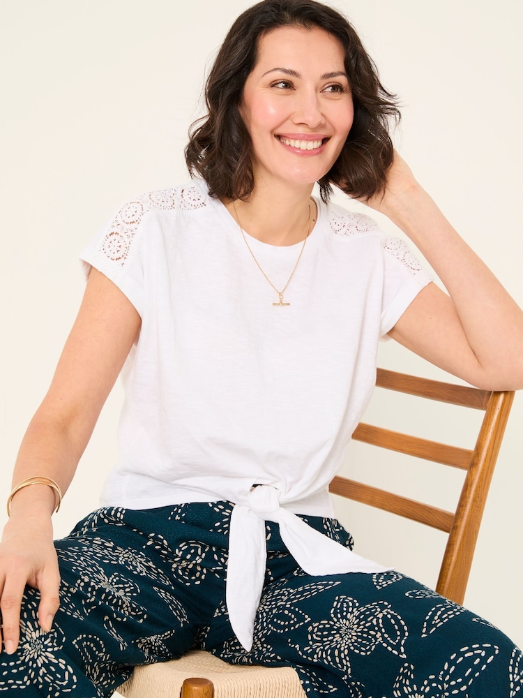 FatFace White Lace Tie Front T Shirt - Image 4 of 10