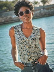 FatFace Joni Teal Blue Shibori Jersey Waistcoat - Image 1 of 11