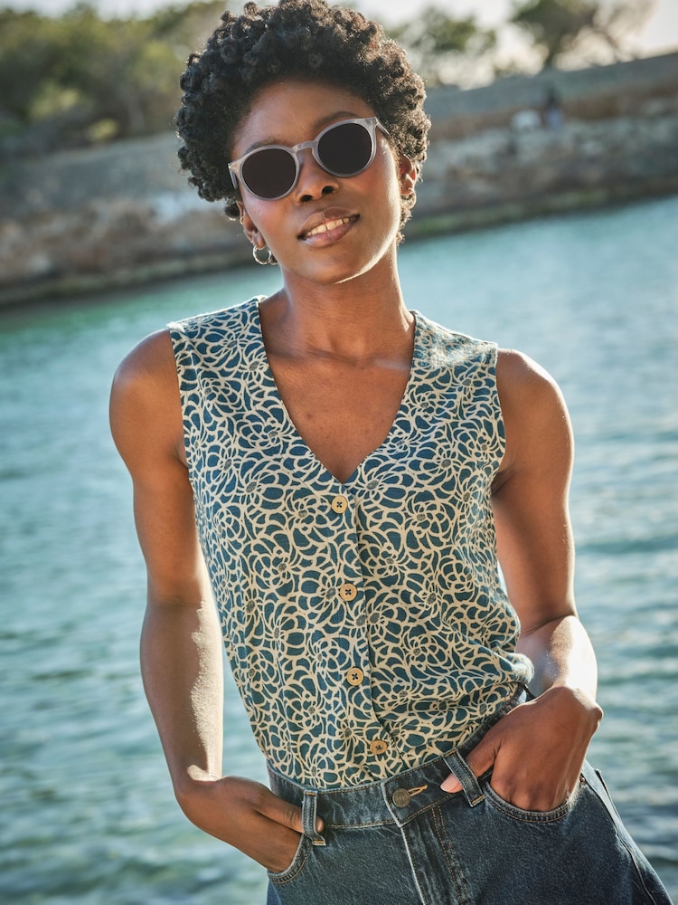 FatFace Joni Teal Blue Shibori Jersey Waistcoat - Image 1 of 11