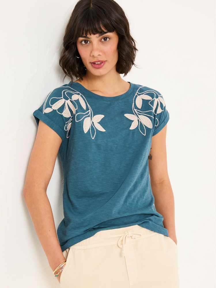 FatFace Ivy Teal Blue Embroidered T-Shirt - Image 1 of 5