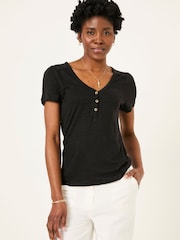 FatFace Lena Black Linen Henley Top - Image 1 of 6