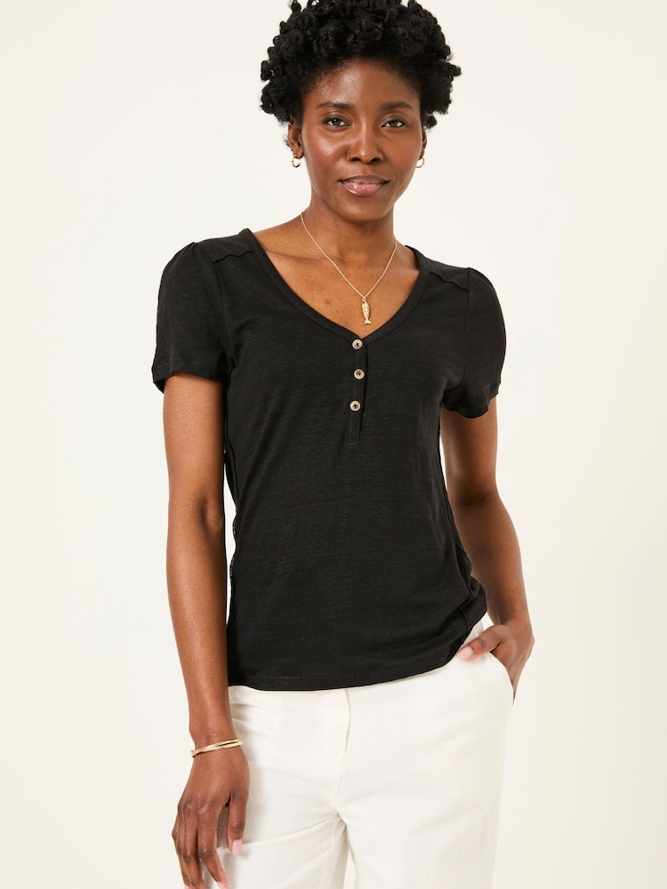 FatFace Lena Black Linen Henley Top - Image 1 of 6
