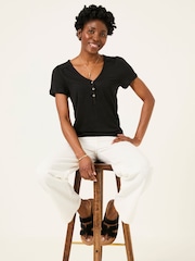FatFace Lena Black Linen Henley Top - Image 4 of 6
