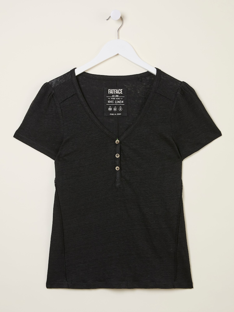 FatFace Lena Black Linen Henley Top - Image 6 of 6