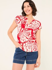 FatFace Red Mono Shells Linen Blend Notch Neck Top - Image 1 of 5