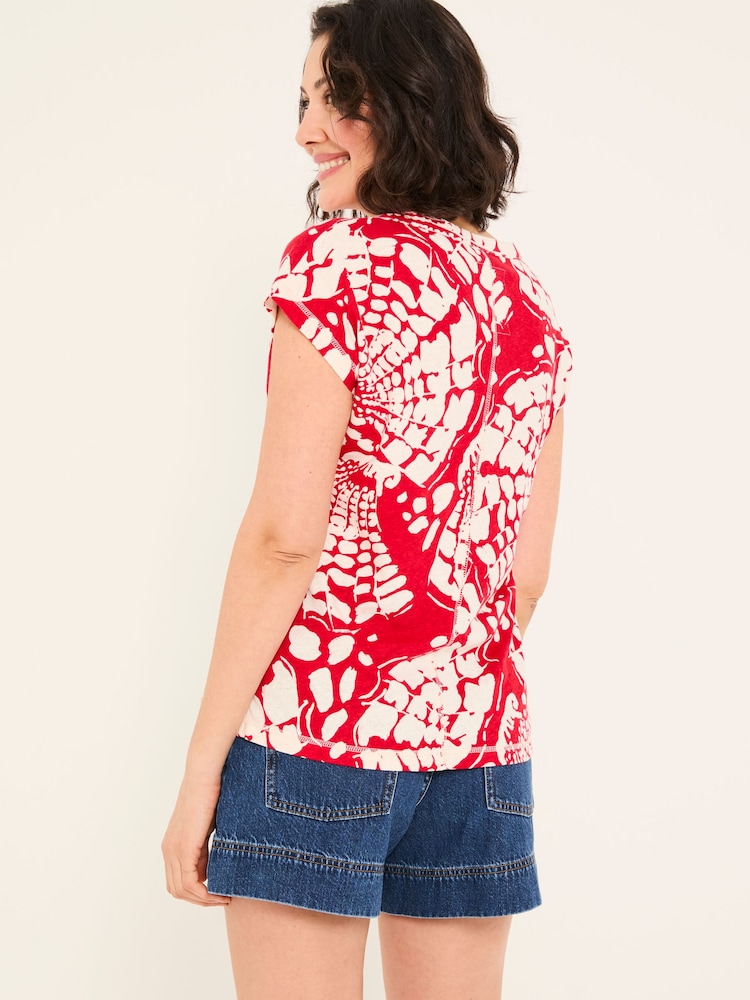 FatFace Red Mono Shells Linen Blend Notch Neck Top - Image 2 of 5
