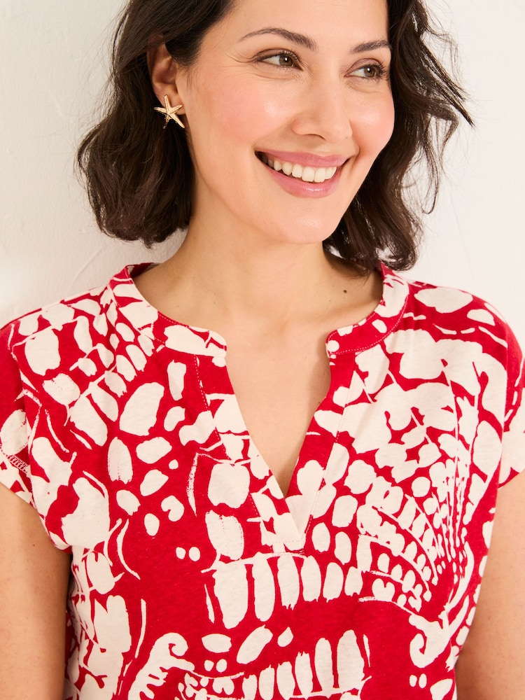 FatFace Red Mono Shells Linen Blend Notch Neck Top - Image 3 of 5