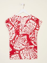 FatFace Red Mono Shells Linen Blend Notch Neck Top - Image 5 of 5
