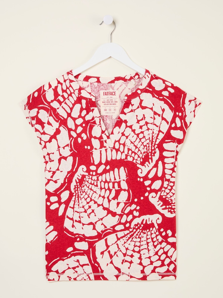 FatFace Red Mono Shells Linen Blend Notch Neck Top - Image 5 of 5