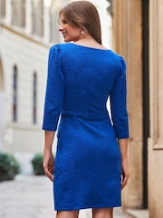 Sosandar Blue Boucle Square Neck Dress With Belt - Image 4 of 5