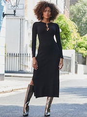 Sosandar Black Cut Out Gold Button Detail Midaxi Dress - Image 2 of 5