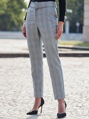 Sosandar Grey Checked Print Belted Tapered Trousers - Image 4 of 5