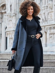 Sosandar Black Faux Shearling Belted Trench Coat - Image 1 of 5