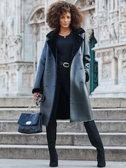 Sosandar Black Faux Shearling Belted Trench Coat - Image 2 of 5