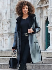 Sosandar Black Faux Shearling Belted Trench Coat - Image 3 of 5
