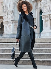 Sosandar Black Faux Shearling Belted Trench Coat - Image 4 of 5