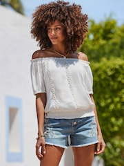 Sosandar Blue Embroidered Floral Raw Edge Denim Shorts - Image 1 of 5