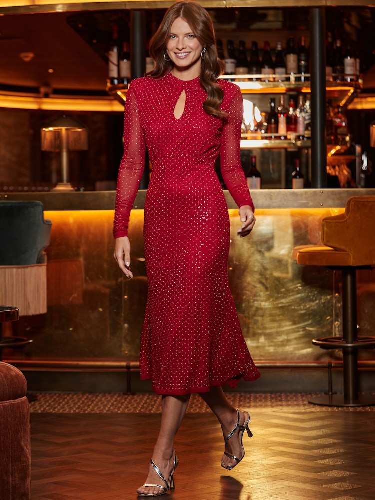 Sosandar Red Fit & Flare Sparkle Key Hole Detail Dress - Image 1 of 5