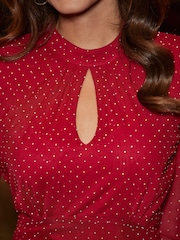 Sosandar Red Fit & Flare Sparkle Key Hole Detail Dress - Image 3 of 5