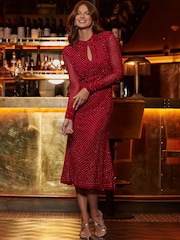 Sosandar Red Fit & Flare Sparkle Key Hole Detail Dress - Image 4 of 5