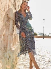 Sosandar Blue Fit & Flare Paisley Print Mesh Wrap Front Dress - Image 3 of 5