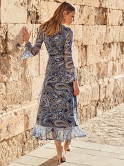 Sosandar Blue Fit & Flare Paisley Print Mesh Wrap Front Dress - Image 4 of 5