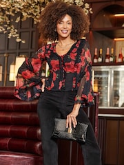 Sosandar Red Floral Print Fluted Sleeve Blouse - Image 1 of 5