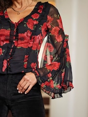 Sosandar Red Floral Print Fluted Sleeve Blouse - Image 4 of 5