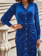 Sosandar Blue Paisley Velvet Detail Shirt Dress - Image 5 of 5