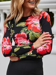Sosandar Black Floral Print Button Cuff Jumper - Image 2 of 3